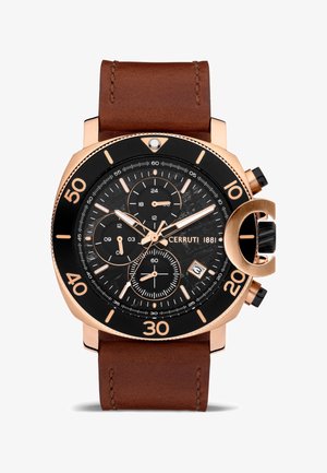 Brauner Lederarmbanduhr mit schwarzem Zifferblatt, roségoldenen Akzenten, strukturierten Subdials, einem Datumsfenster und einer markanten Krone.