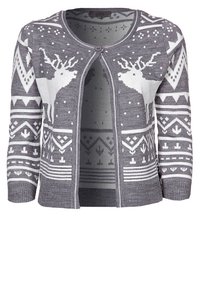 Cardigan grigio con motivi di renne bianchi, design geometrici e dettagli a costine. Chiusura con bottoni e scollatura rotonda con maniche a tre quarti.