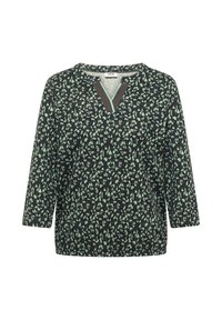Blouse à manches longues noire et verte à motifs avec un décolleté en V orné d'une bordure sombre et d'une bande accentuée vert menthe.