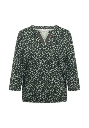 Zwart-groen gebloemde blouse met lange mouwen en een V-hals met een donkere bies en een mintgroene accentstreep.