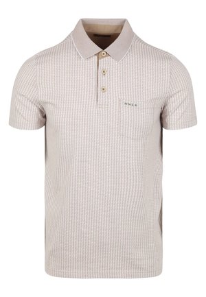 Beige polo shirt met een textuurpatroon, drie knopen aan de sluiting en geborduurd logo. Korte mouwen en een contrasterende kraag en boorden.