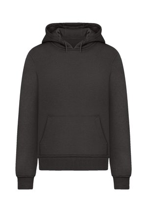 Black long-sleeve hoodie with front kangaroo pocket, drawstring hood, and ribbed cuffs and hem.