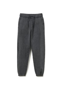 Dunkelgraue Sweatpants aus weichem Stoff mit elastischem Bund und Bündchen, ausgestattet mit einem Kordelzug und seitlichen Taschen.