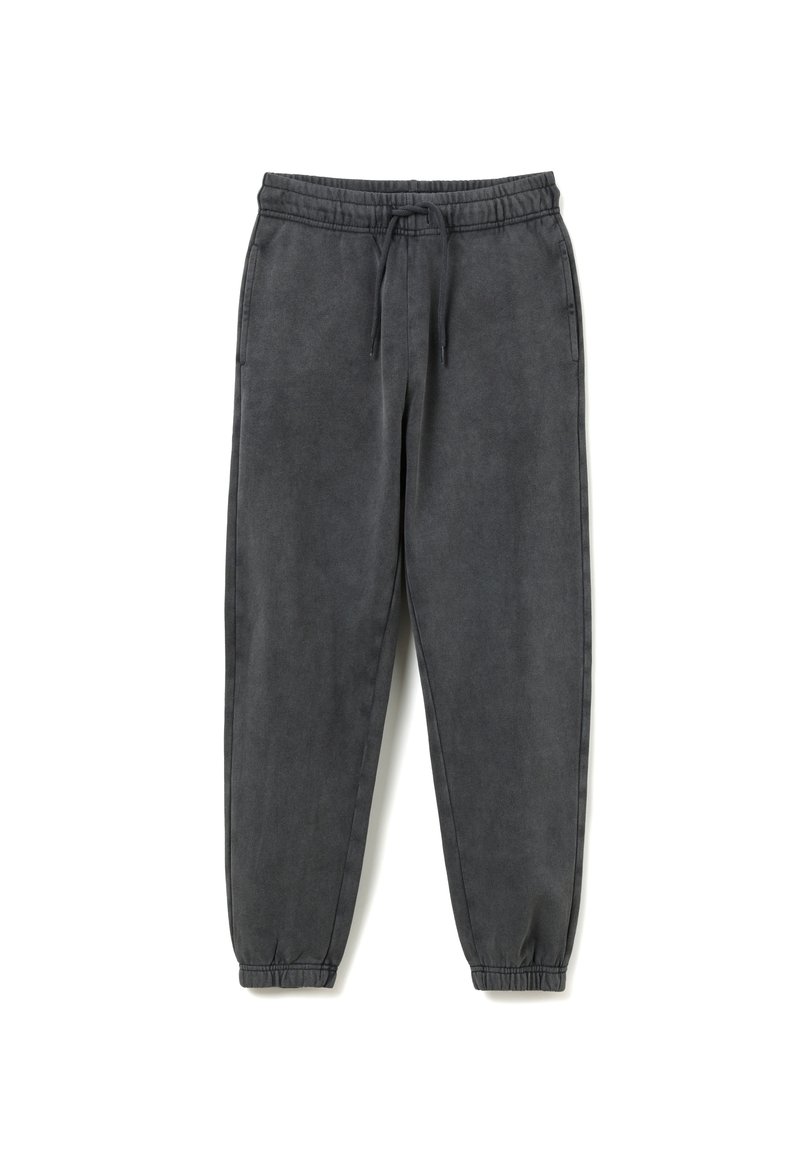Dunkelgraue Sweatpants aus weichem Stoff mit elastischem Bund und Bündchen, ausgestattet mit einem Kordelzug und seitlichen Taschen.