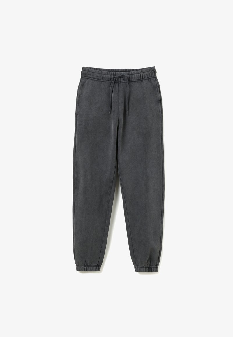Dunkelgraue Sweatpants aus weichem Stoff mit elastischem Bund und Bündchen, ausgestattet mit einem Kordelzug und seitlichen Taschen.