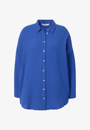 Blauwe knoopjesoverhemd gemaakt van textuurstof, met een kraag, lange mouwen en vijf centrale knopen. Comfortabele pasvorm met zijsplitten.