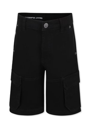 Pantaloni cargo neri realizzati in tessuto misto cotone, dotati di due ampie tasche laterali, chiusura a bottone e passanti per cintura. Texture liscia.