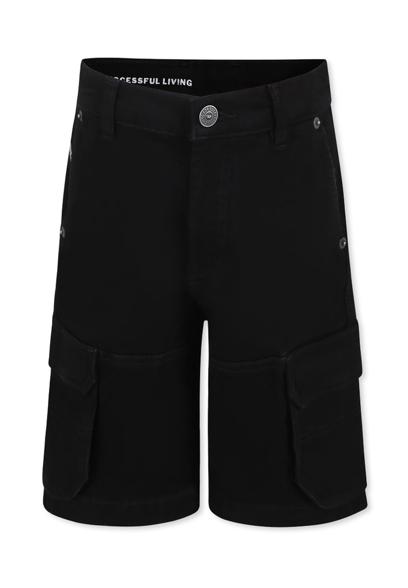 Pantaloni cargo neri realizzati in tessuto misto cotone, dotati di due ampie tasche laterali, chiusura a bottone e passanti per cintura. Texture liscia.