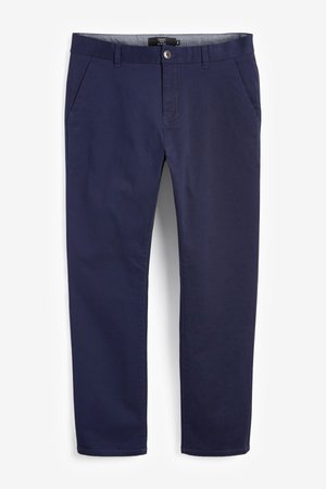 Granatowe, slim-fit spodnie wykonane z mieszanki bawełny, z kieszeniami z przodu, z zamkiem błyskawicznym oraz płaskim przodem.
