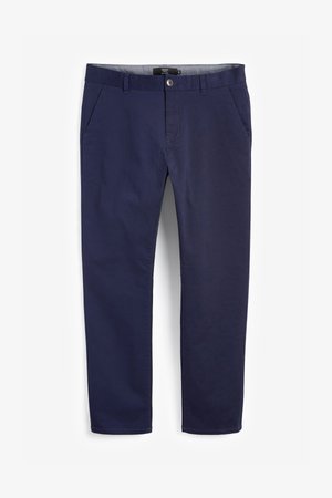 Námornícky modré slim-fit nohavice vyrobené z bavlnenej zmesi, s prednými vreckami, zipsom a plochým dizajnom.