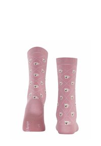 Chaussettes roses avec un motif en diamant et de petites illustrations de tasses. Fabriquées en matériau doux, elles possèdent une finition côtelée et un talon renforcé.