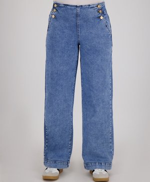 Lichtblauwe wijde denim jeans hebben een hoge taille, decoratieve gouden knopen aan de zijkant en een soepele textuur met klassieke stiknaden.