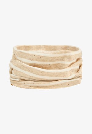 Beige-weiß gestreifter Stoff-Nackenwärmer mit dezentem sprenkeligem Muster, locker gerafft und röhrenförmig.