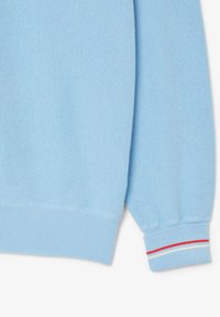 Light blue knit sweater with ribbed cuffs. Cuffs feature a red, white, and blue stripe. Soft texture and classic design.