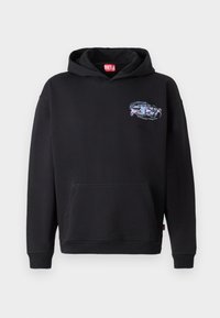 Hoodie noir en tissu mélangé coton. Comprend une poche avant, des poignets côtelés et un motif brodé sur la poitrine. Design classique.