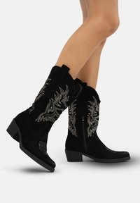Botas de vaquero de ante negro con diseño bordado en plata, tacón medio cónico, punta afilada y cierre de cremallera lateral.
