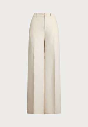 Beige wide-leg trousers made of lightweight fabric. Features a high waist, button closure, and two front pockets with a clean finish.