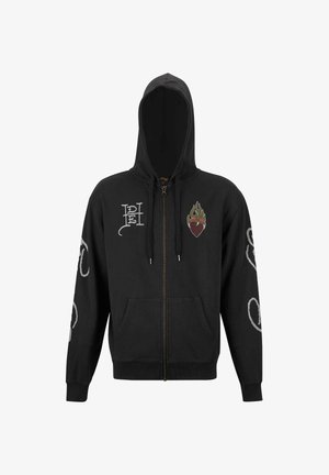 Felpa nera con zip realizzata in cotone, con un design a fiamma e grafica a cuore in rosso e verde, dotata di tasche laterali e polsini a costine.