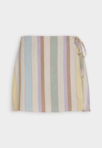 Gonna a portafoglio corta con strisce verticali multicolori in beige, blu, verde, viola e marrone. Si lega in vita, realizzata in tessuto leggero.