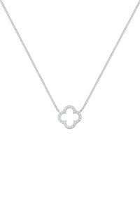 Collana in argento con pendente a forma di fiore decorato con pietre trasparenti, che presenta un design a taglio e una superficie liscia.