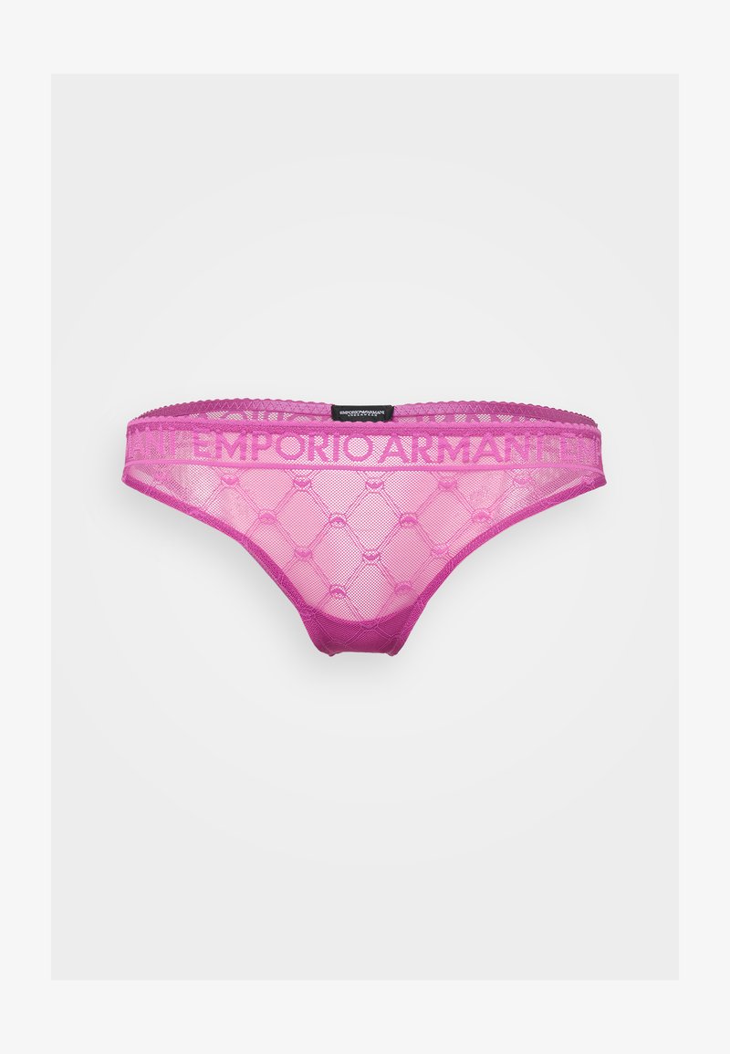 Roza čipkastih hlačnih nogavic z diamantom vzorcem, širokim logotipom na pasu in valovitimi robovi, izdelane iz prosojnega mrežastega materiala.