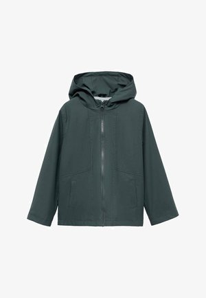 Hooded jack in donkergroene stof, met een rits aan de voorkant, twee zijzakken en een eenvoudig ontwerp met lange mouwen.
