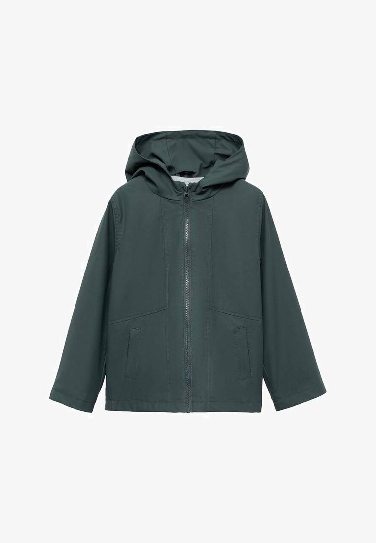 Giacca con cappuccio in tessuto verde scuro, caratterizzata da una cerniera frontale, due tasche laterali e un design semplice con maniche lunghe.