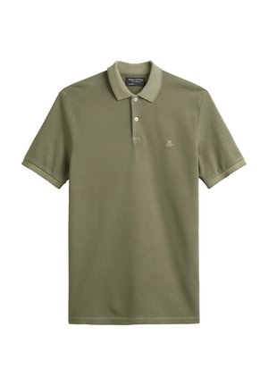 Olive green polo shirt made of soft cotton blend, featuring a fold-over collar, two buttons, and embroidered "MOP" logo on the left chest.
