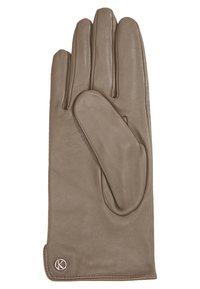 Brauner Lederhandschuh mit fünf Fingern, einer glatten Textur und einem Bündchen. Besitzt ein kleines Logo auf dem Bündchen.