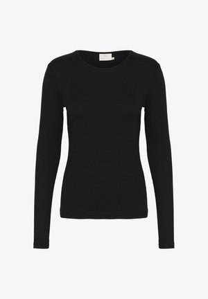 Čierna blúzka s dlhými rukávmi a okrúhlym výstrihom, vyrobená z hladkého, elastického materiálu. Minimalistický dizajn, bez viditeľných vzorov alebo akcentov.