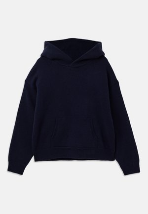 Navy blue hooded sweatshirt made of soft fabric. Features a front pouch pocket and ribbed cuffs and hem. Loose-fitting with dropped shoulders.