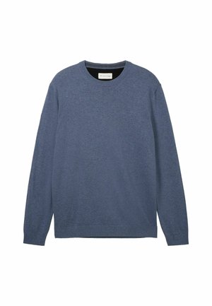 Sweater de gola redonda em azul escuro, feito de um tecido macio com uma textura suave, apresentando mangas longas e punhos e bainha canelados.