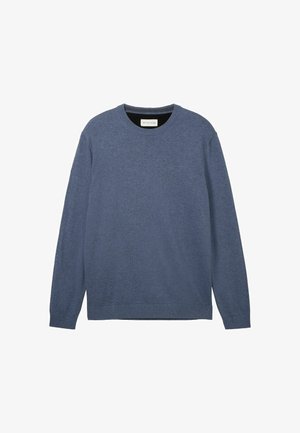 Sweater de gola redonda em azul escuro, feito de um tecido macio com uma textura suave, apresentando mangas longas e punhos e bainha canelados.