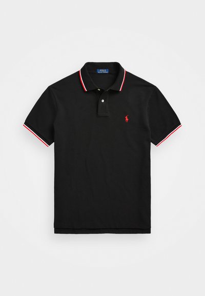 Black polo shirt in cotton, featuring red and white striped collar and sleeve accents. A small red logo is positioned on the left chest.