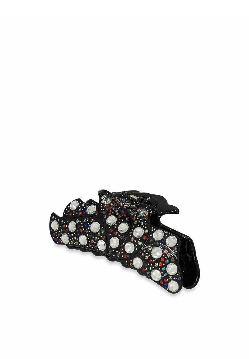 Fermaglio per capelli nero con strass multicolori e grandi pietre chiare. Design ondulato con un finitura lucida. Dimensioni compatte per un facile utilizzo.