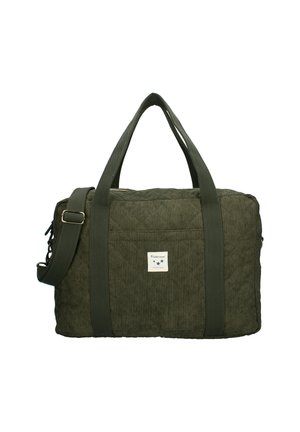Sac de voyage en velours côtelé vert foncé avec deux poignées supérieures, une sangle d'épaule ajustable et une petite poche avant avec une étiquette Kidzroom.