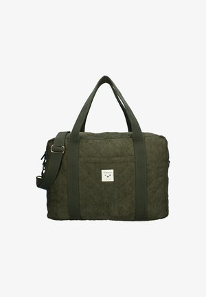 Borsa duffle in corda verde scuro con due manici superiori, tracolla regolabile e una piccola tasca frontale con etichetta Kidzroom.