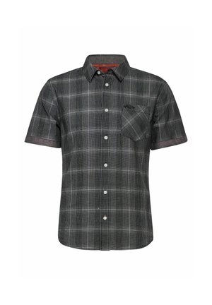 Kortærmet skjorte med knapper i sort og gråt ternet mønster med brystlomme foran og spidst krave.