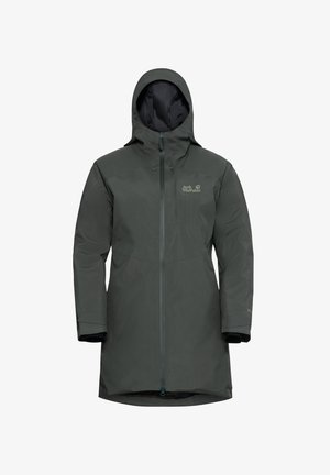 Donkergroene waterdichte jas met een capuchon, volledige rits aan de voorkant en lange mouwen. Bevat een logo op de borst en een iets gebogen zoom.