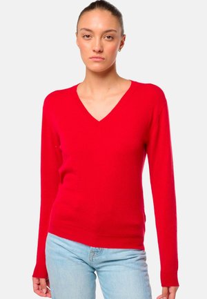 Pull rouge en V en tissu tricoté doux. Il possède des manches longues, des poignets et un ourlet côtelés, avec une coupe ajustée.