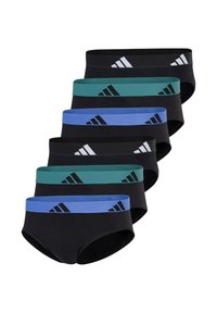 Ett paket med sex herrkalsonger i svart tyg med färgade midjeband i teal, blått och svart, samt ikonisk detalj med tre-radig logotyp.