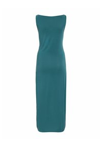 Robe longue sans manches couleur sarcelle, à encolure ronde haute et silhouette droite ajustée.