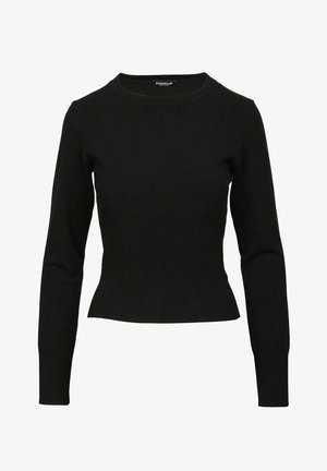 Maglione nero a coste, scollo rotondo, maniche lunghe, silhouette aderente, texture liscia, senza decorazioni o motivi visibili.