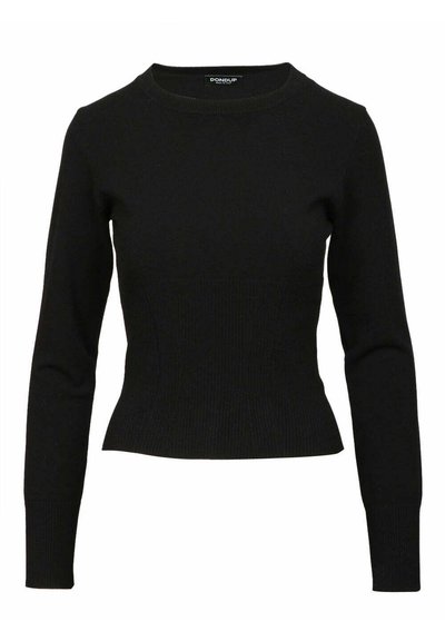 Maglione nero a coste, scollo rotondo, maniche lunghe, silhouette aderente, texture liscia, senza decorazioni o motivi visibili.