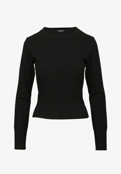 Zwart geribbeld gebreid sweater, ronde halslijn, lange mouwen, aansluitende snit, gladde textuur, geen zichtbare versieringen of patronen.