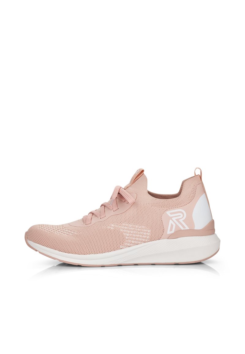 Light pink athletic shoe with a breathable mesh upper, rounded toe, and white accents. Features a lace-up design and textured sole.