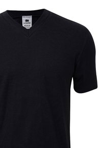 Sort bomulds v-hals t-shirt med korte ærmer. Har en syet halsudskæring og et mærke med brandet "DOVRE" og størrelse "Medium."