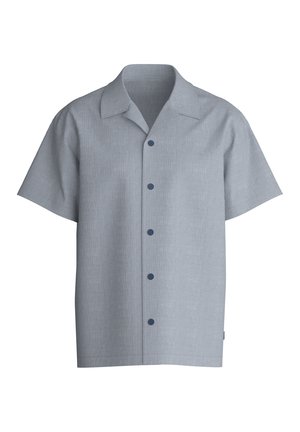 Hellblaues Kurzarmhemd mit Kragen, das ein strukturiertes Muster und sechs dunkelblaue Knöpfe auf der Vorderseite aufweist.