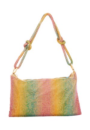 Borsa in strass con forma rettangolare, caratterizzata da una sfumatura di colori pastello, una superficie testurizzata e una tracolla decorativa annodata.