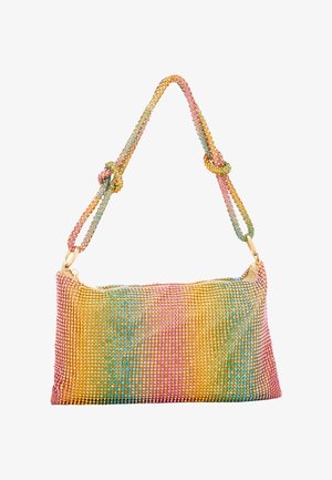 Rhinestone kézitáska téglalap alakú, pasztell színek átmenetével, texturált felülettel és díszes, csomózott pánttal.